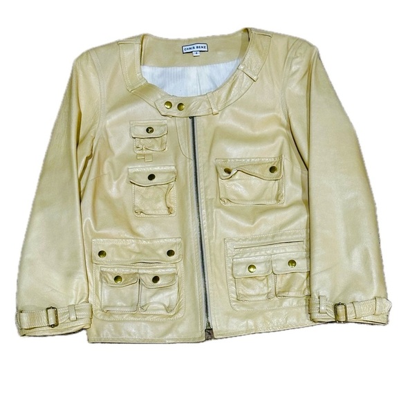 🧥💎 CHRIS BENZ Cropped Lambskin Leather Jacket | Light Gold Utility Chic Size 6 - Picture 1 of 6